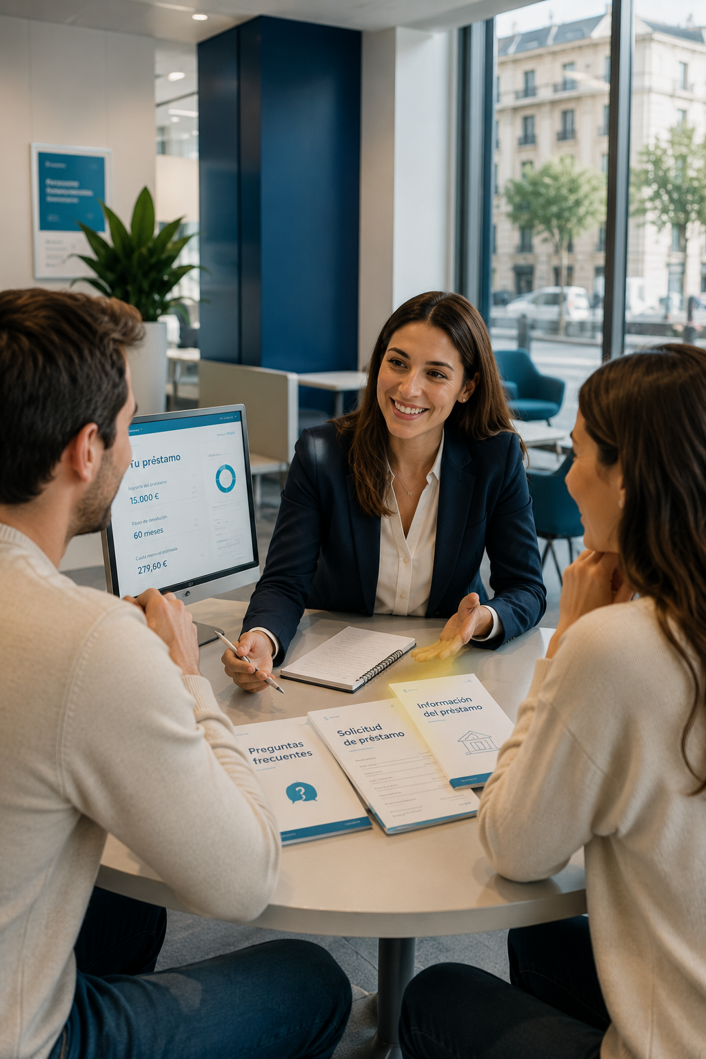 Three coworkers sit around a round table in a bright office, reviewing loan documents and a computer screen with financial details.