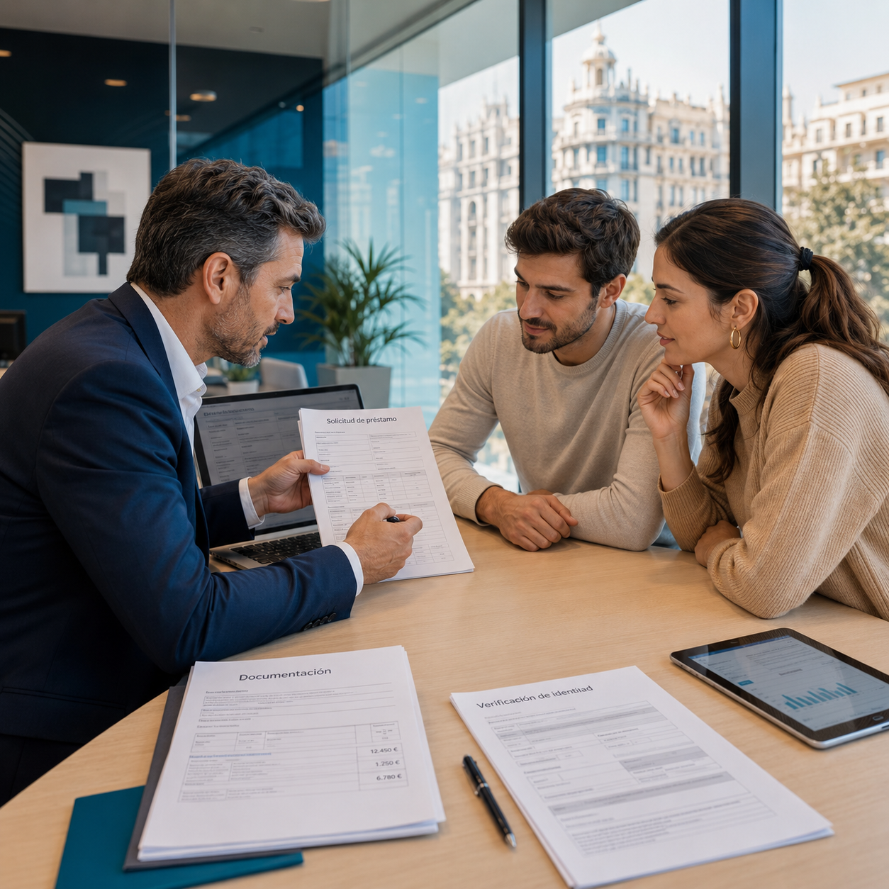 Man in a navy suit explains a loan application to a couple at a wooden table in a modern office environment.