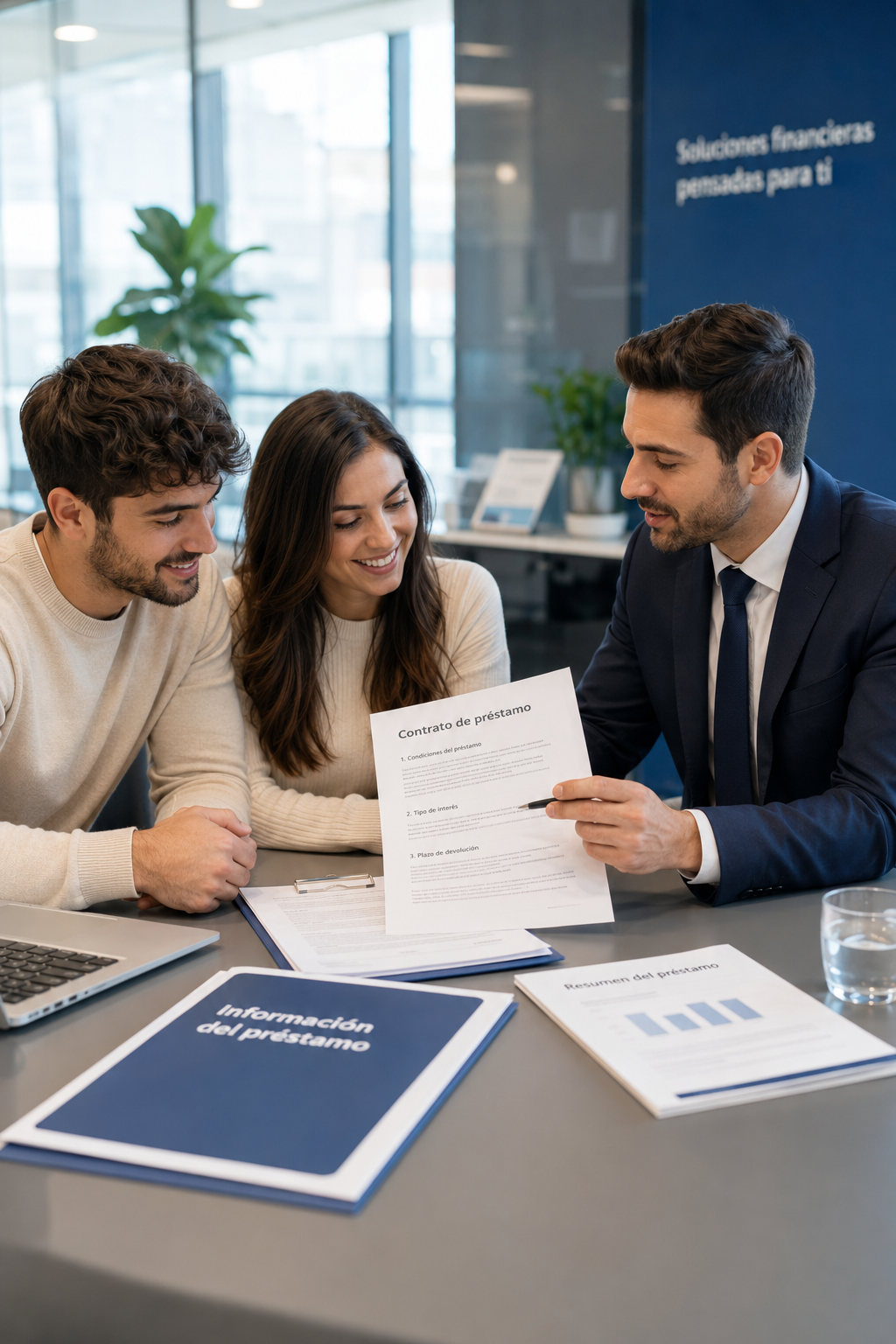 Financial advisor in a suit explains a loan contract to a smiling couple at a modern office table with documents on display.