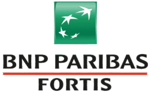 BNP Paribas Fortis logo: green square with white stars above the bold wordmark and a red underline.