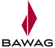BAWAG logo: black wordmark with a red geometric emblem above the text name of the bank.