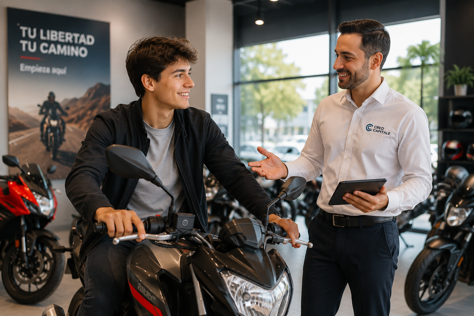 Two men in a motorcycle showroom smile as they discuss a bike, one seated on the bike and the other holding a tablet and gesturing friendly.