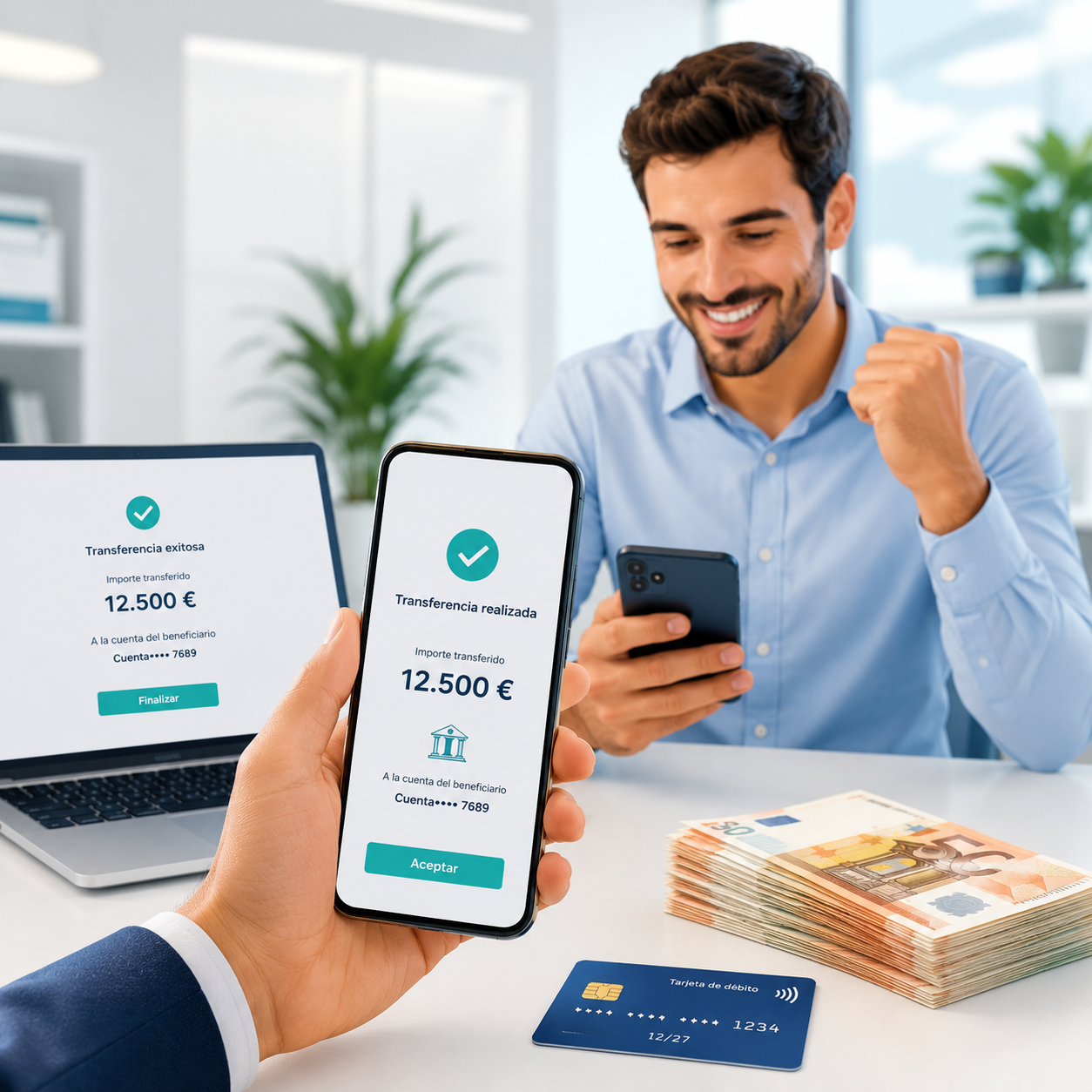 Smiling man in a blue shirt holds a smartphone showing a 12,500€ transfer; another phone on the desk also shows the transfer, with cash and a blue debit card nearby.