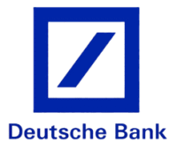Deutsche Bank logo: blue square with a diagonal slash and the word 'Deutsche Bank' beneath on a white background.