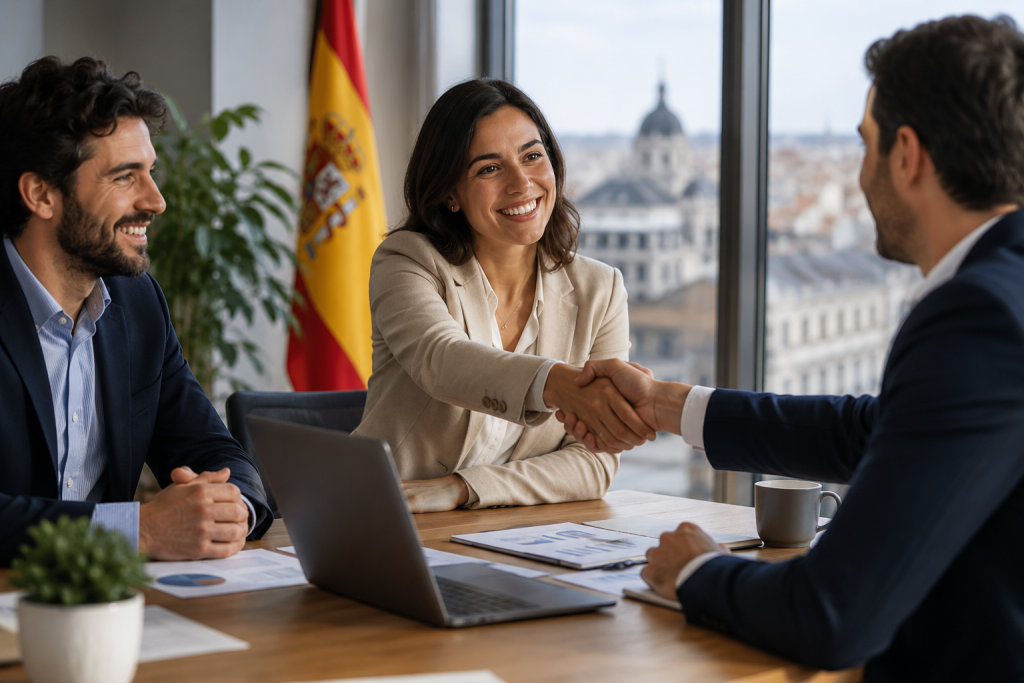 Three professionals in a meeting shake hands across a table; woman in a beige blazer greets a colleague as a man on the left smiles, with a Spanish flag and city skyline outside the window.