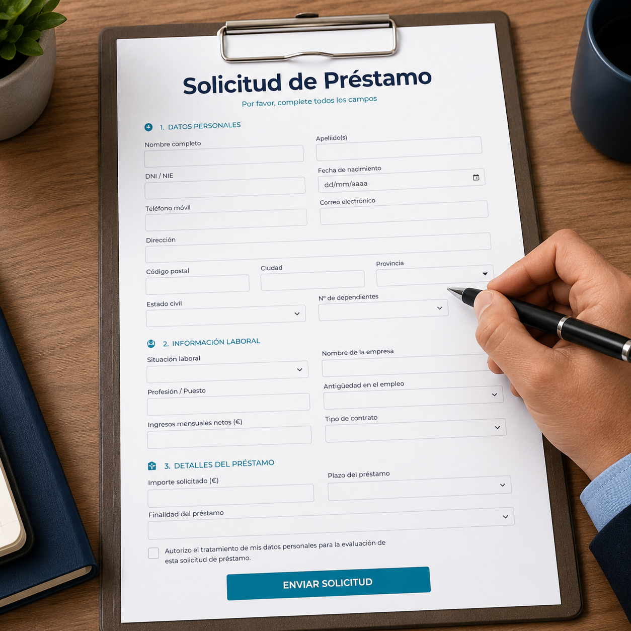 Clipboard with a Spanish loan application form ('Solicitud de Préstamo') on a wooden desk, a hand holding a pen ready to fill it.