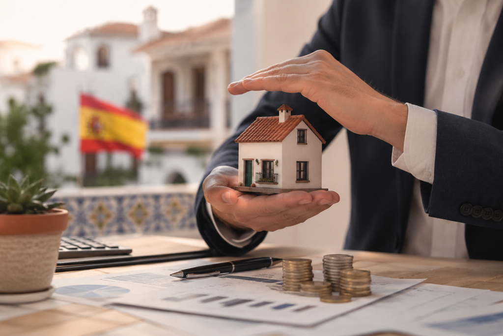 Businessperson in a suit holds a miniature house model over a desk with coins and charts; blurred Spanish flag in the background.