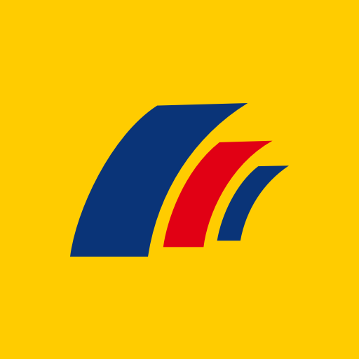 Abstract logo featuring three curved ribbons in blue and red on a yellow background.
