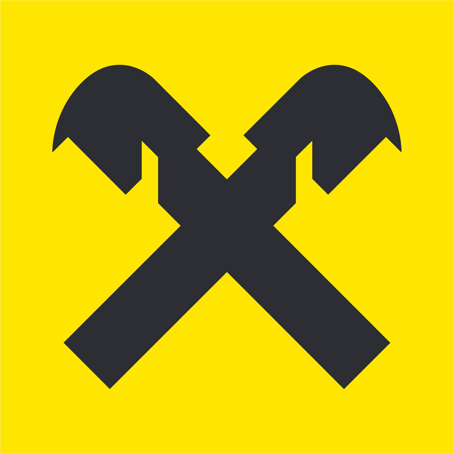Abstract geometric design: a large dark gray X formed by two thick diagonal bars on a bright yellow background.