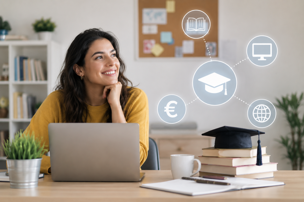 Smiling woman sits at a desk with a laptop; a graduation cap sits on a stack of books and floating education icons indicate online learning.