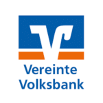 Vereinte Volksbank logo: blue square with white initials and an orange stripe, plus the brand name beneath