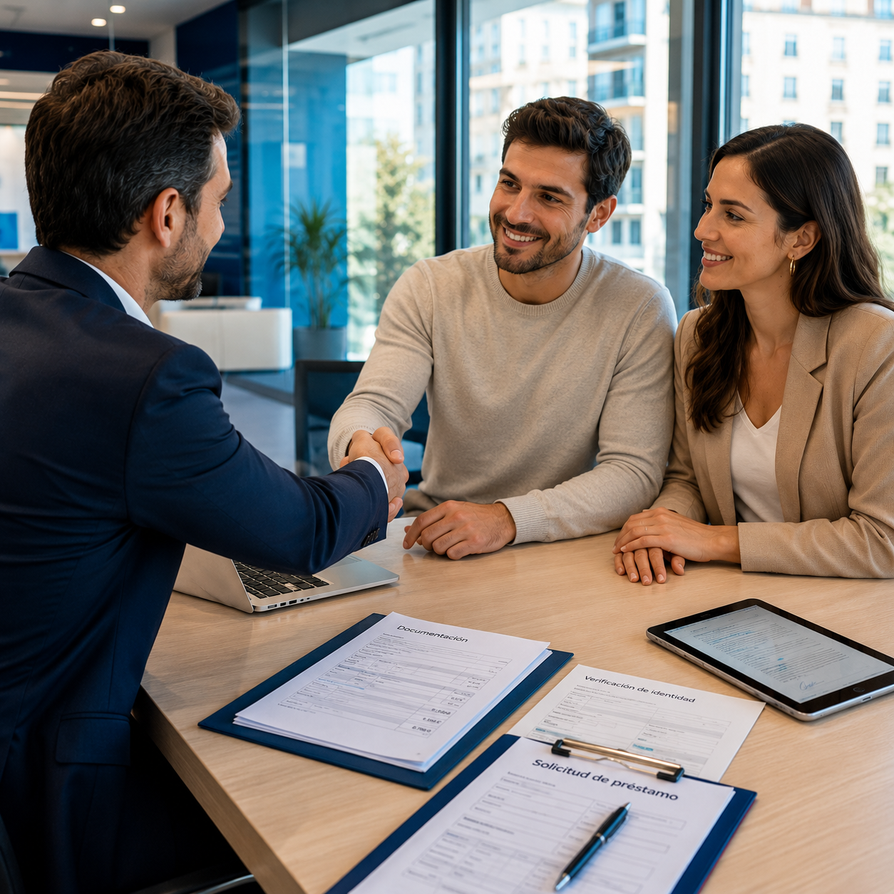 Three professionals shake hands across a desk in a bright office, with documents and a tablet on the table.