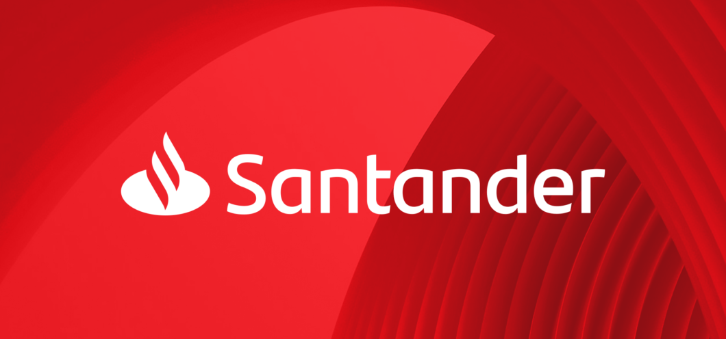 Santander logo: white wordmark and flame icon on a red abstract background (branding image)