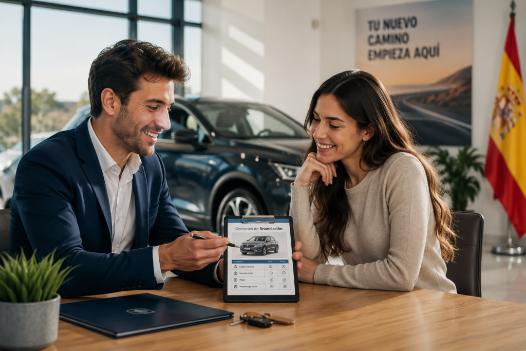 Sales consultant and client discuss car financing options displayed on a tablet in a dealership showroom with a car in the background in view of a poster and flag